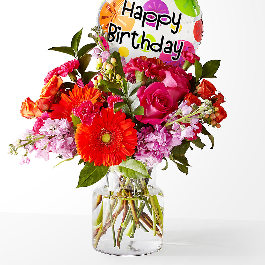 Fiesta Bouquet with Birthday Balloon – CAMPBELL ROSES & PLANTS LTD CO, Fort Campbell KY