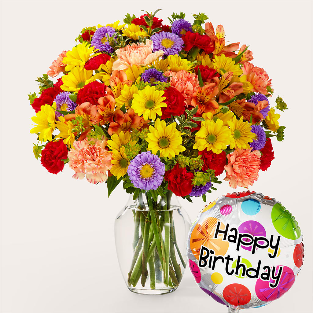 Kaleidoscope Bouquet with Birthday Balloon – CAMPBELL ROSES & PLANTS LTD CO, Fort Campbell KY