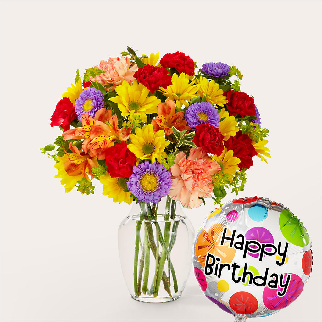 Kaleidoscope Bouquet with Birthday Balloon – CAMPBELL ROSES & PLANTS LTD CO, Fort Campbell KY