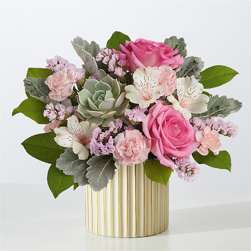 Dusty Rose Bouquet with Ivory Vase – CAMPBELL ROSES & PLANTS LTD CO, Fort Campbell KY