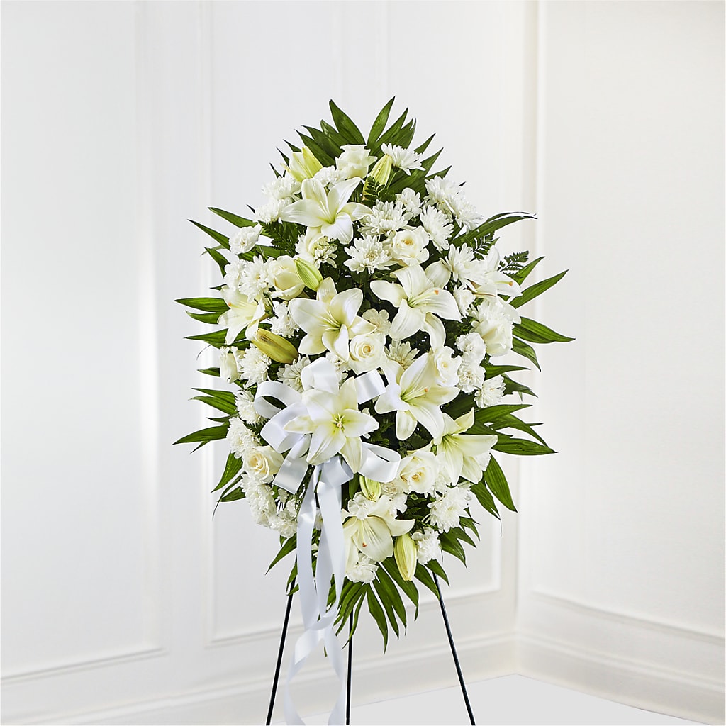 Exquisite Tribute Standing Spray-White Ribbon – CAMPBELL ROSES & PLANTS LTD CO, Fort Campbell KY