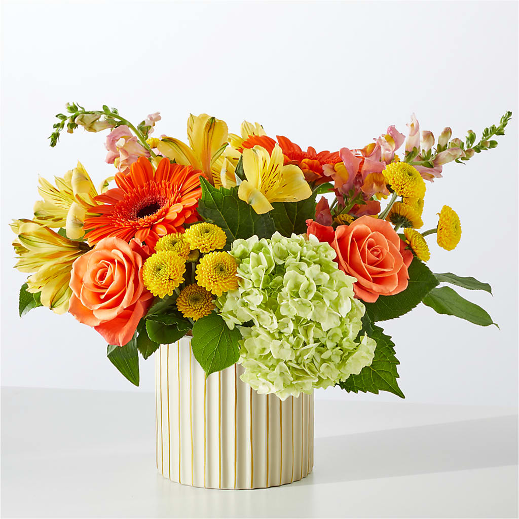 Autumn Sunshine Bouquet with Ivory Vase – CAMPBELL ROSES & PLANTS LTD CO, Fort Campbell KY