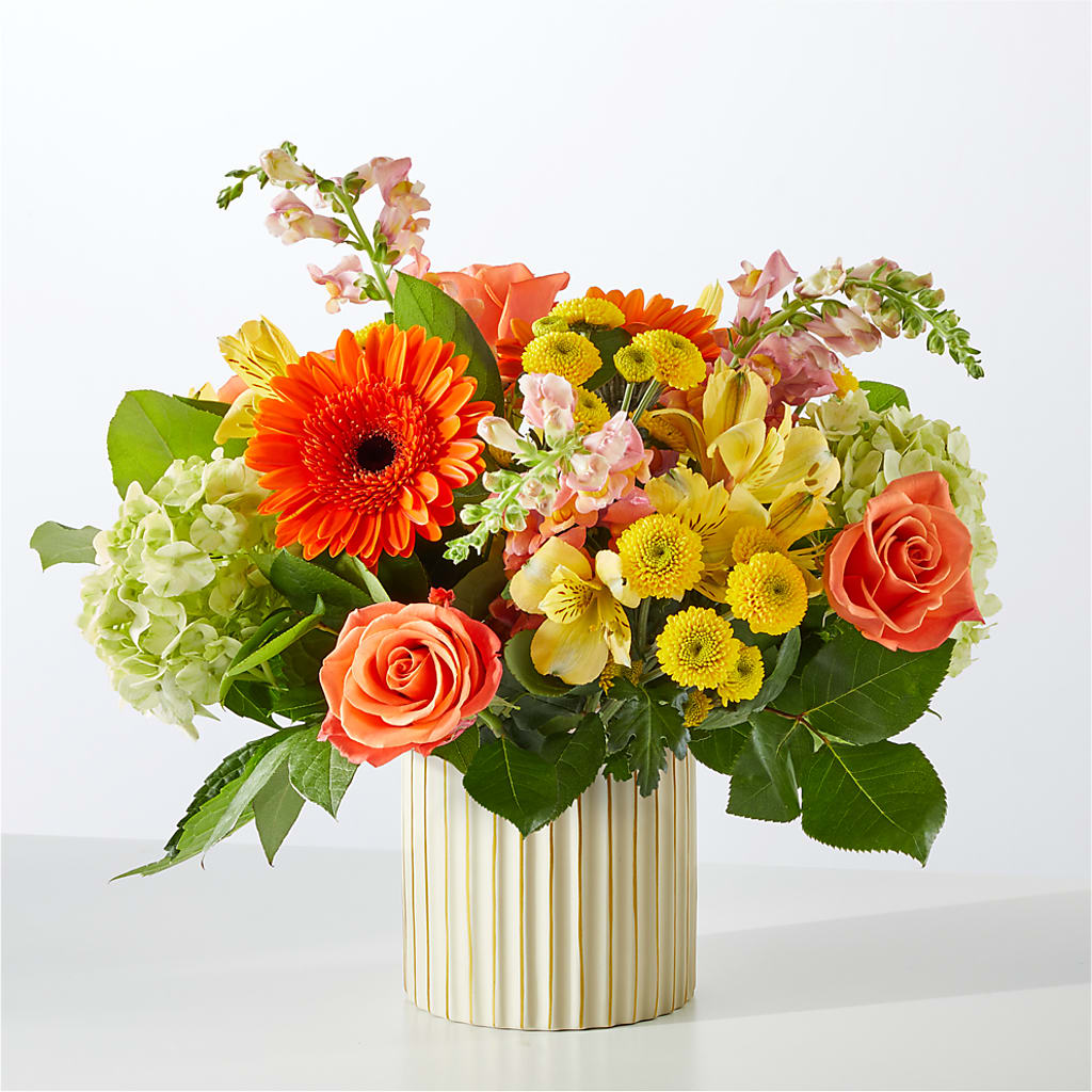 Autumn Sunshine Bouquet with Ivory Vase – CAMPBELL ROSES & PLANTS LTD CO, Fort Campbell KY