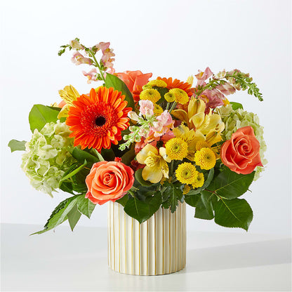 Autumn Sunshine Bouquet with Ivory Vase – CAMPBELL ROSES & PLANTS LTD CO, Fort Campbell KY